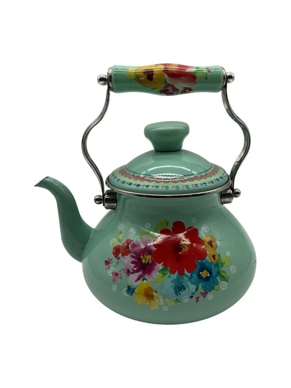 Pioneer Woman Breezy Blossom Cottage Tea Kettle Floral Enamel On Steel 1.9-Quart